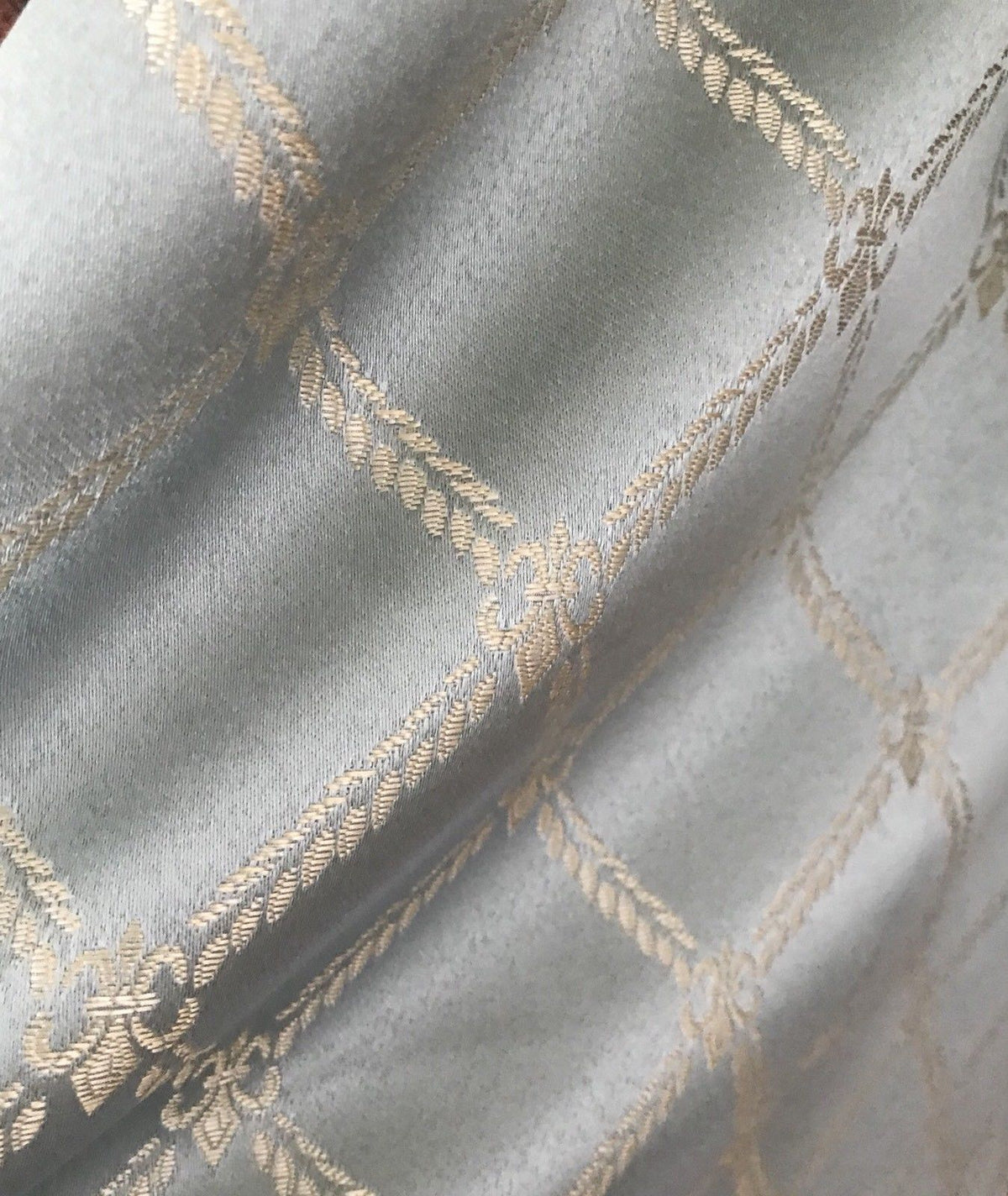 SALE! Designer Brocade Satin Fabric- Antique Silver Blue Rope Design Upholstery - Fancy Styles Fabric Boutique