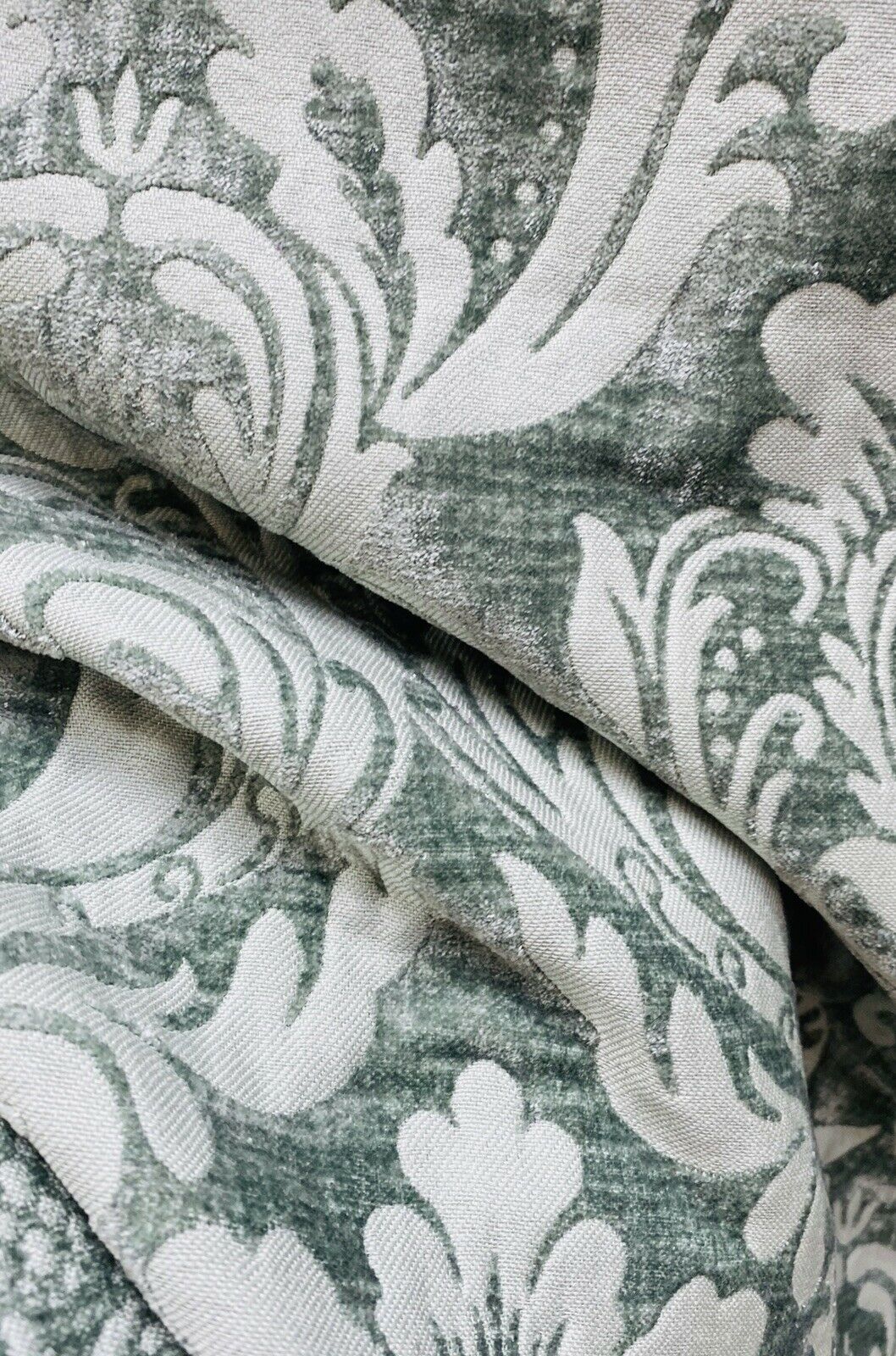 Queen Isabella Designer Damask Burnout Chenille Velvet Fabric -Green Grey BTY - Fancy Styles Fabric Pierre Frey Lee Jofa Brunschwig & Fils
