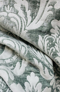 Queen Isabella Designer Damask Burnout Chenille Velvet Fabric -Green Grey BTY - Fancy Styles Fabric Pierre Frey Lee Jofa Brunschwig & Fils