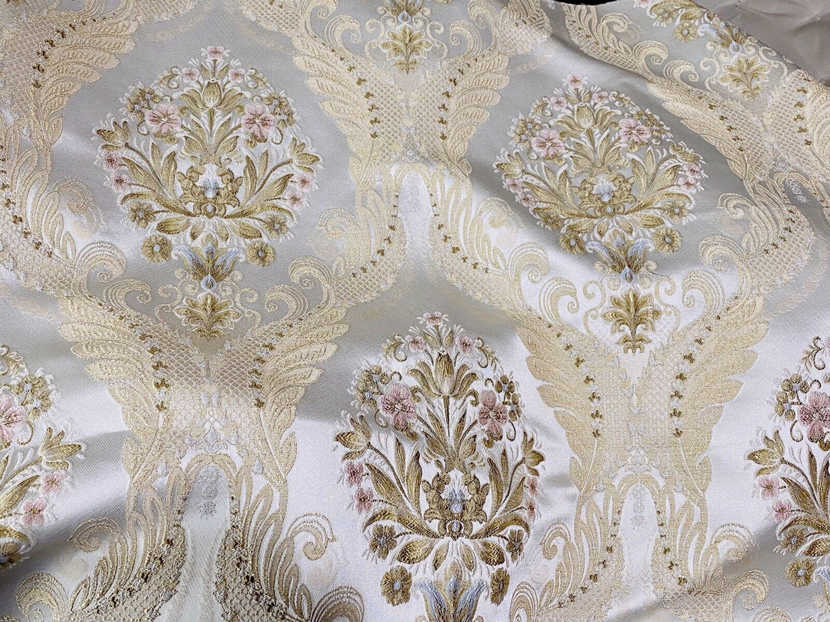 NEW Queen Antionette Novelty Ritz Neoclassical Brocade Damask Floral Satin Fabric - Ivory - Fancy Styles Fabric Pierre Frey Lee Jofa Brunschwig & Fils