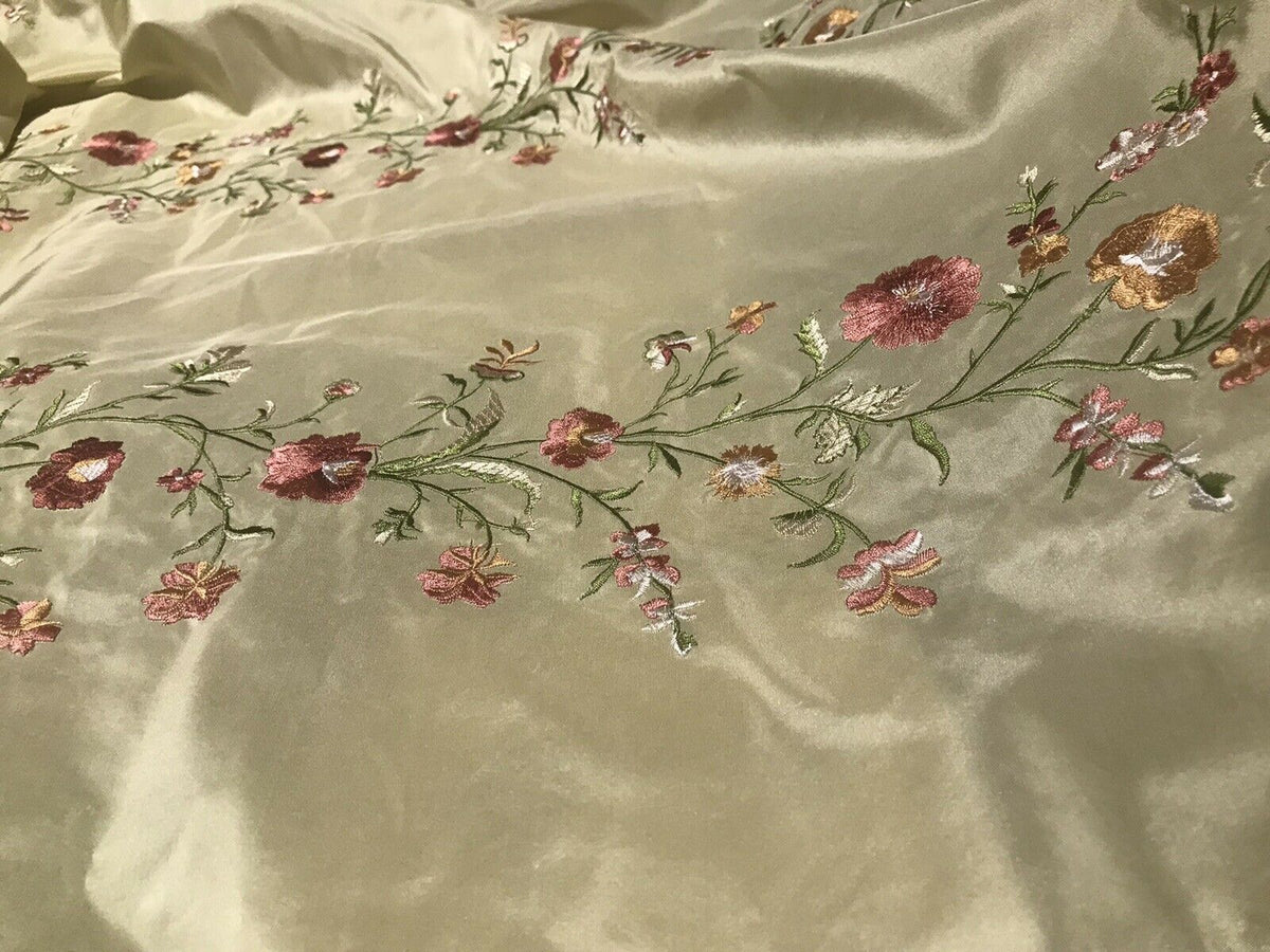 1 Yard Remnant- Designer 100% Silk Dupioni Embroidery Floral Fabric- Beige - Fancy Styles Fabric Pierre Frey Lee Jofa Brunschwig & Fils