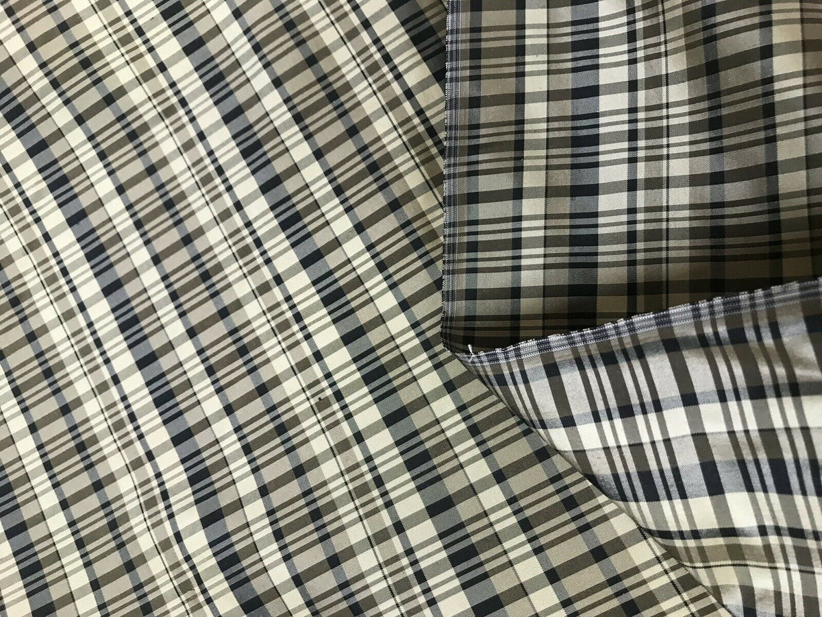 NEW Designer 100% Silk Taffeta Plaid Tartan Fabric- Black Taupe Cream - Fancy Styles Fabric Pierre Frey Lee Jofa Brunschwig & Fils