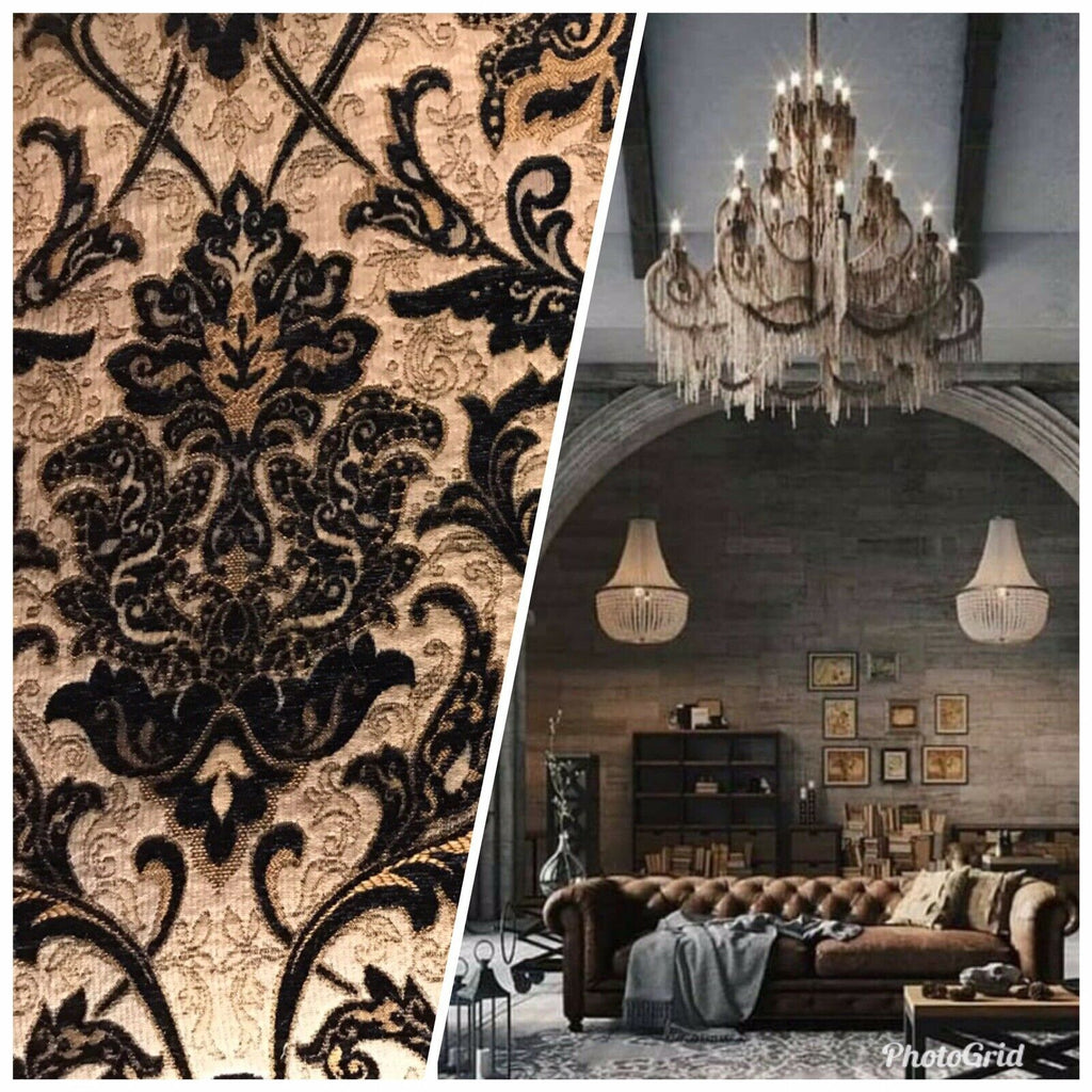King Christopher Designer Velvet Chenille Burnout Damask Brocade Fabric - Black Beige Gold BTY - Fancy Styles Fabric Pierre Frey Lee Jofa Brunschwig & Fils