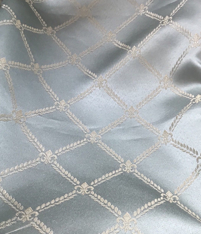 SALE! Designer Brocade Satin Fabric- Antique Silver Blue Rope Design Upholstery - Fancy Styles Fabric Boutique