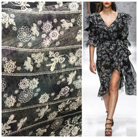 NEW! 100% Silk Chiffon Fabric Bohemian Black And White Floral - By The Yard - Fancy Styles Fabric Pierre Frey Lee Jofa Brunschwig & Fils