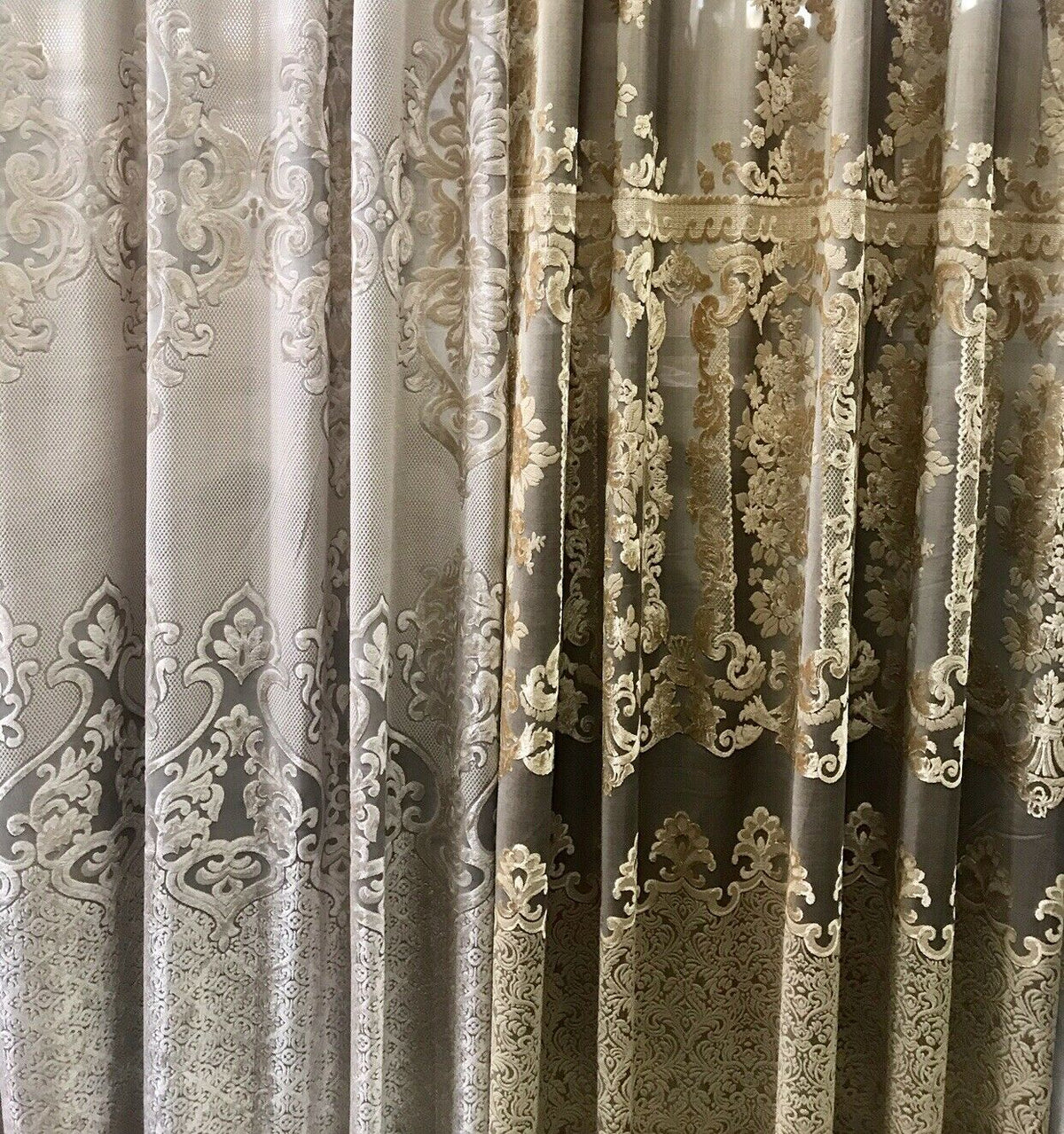 NEW! 112” Wide Designer Sheer Burnout Velvet Lace Drapery Fabric- Shell Pearl - Fancy Styles Fabric Pierre Frey Lee Jofa Brunschwig & Fils
