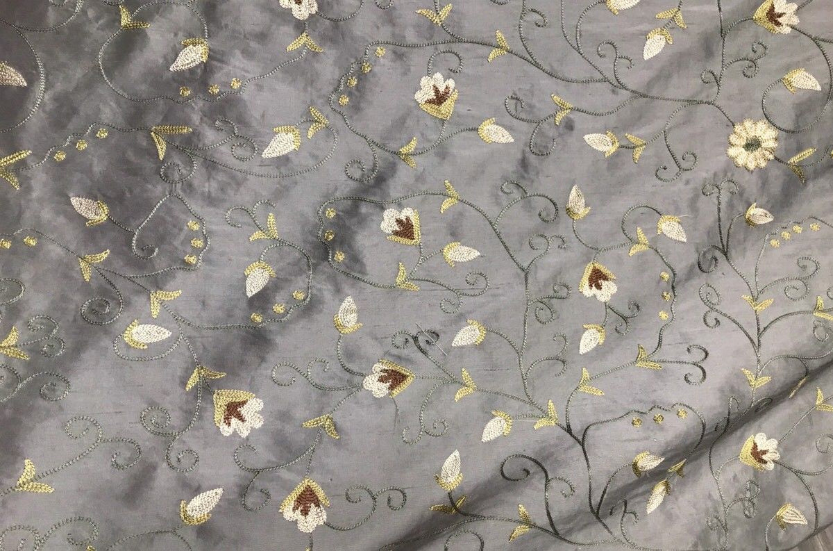 SALE! Designer 100% Silk Taffeta Embroidered Fabric - French Antique Blue - Fancy Styles Fabric Boutique