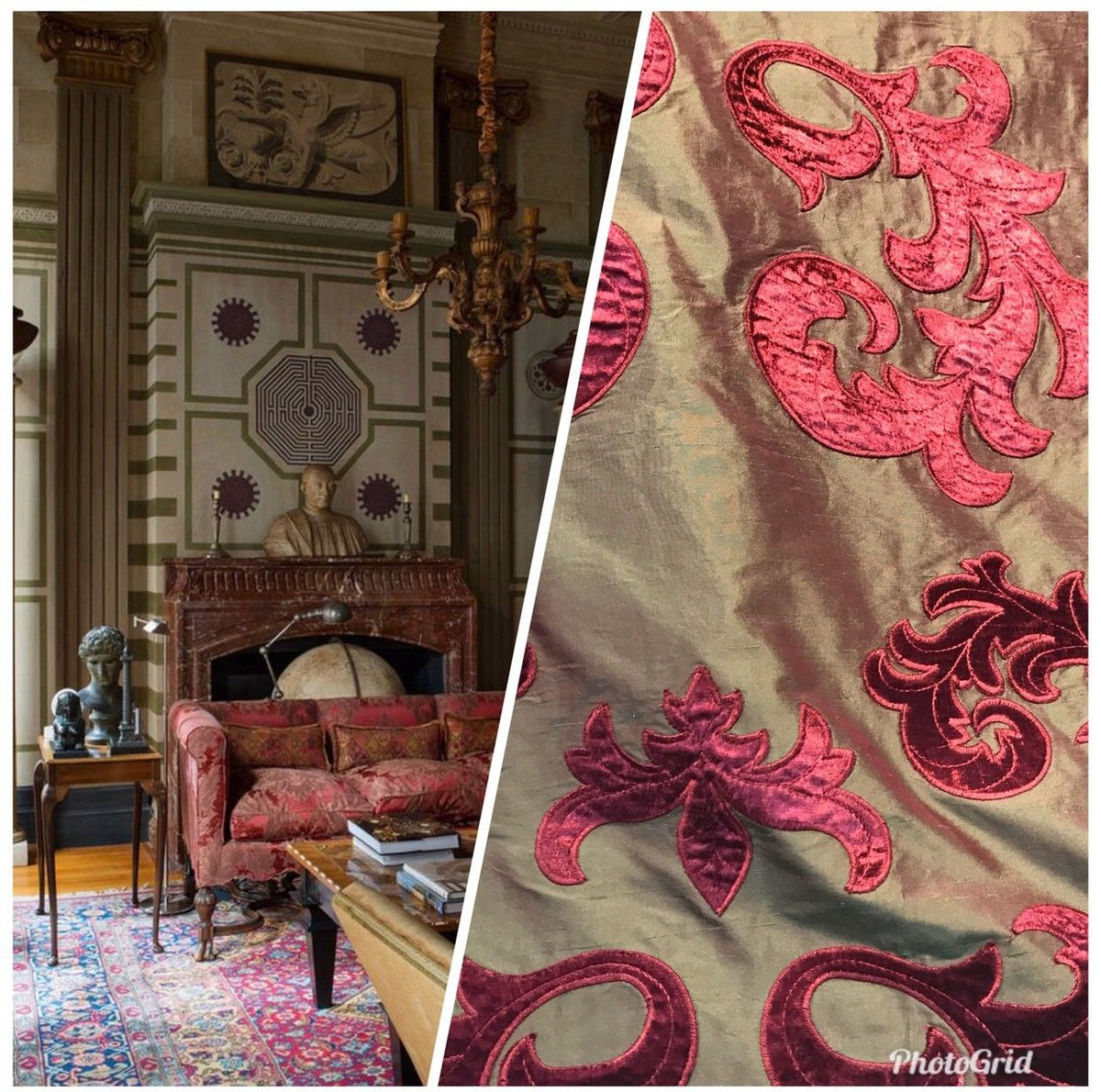 NEW Made In Belgium Designer 100% Silk Taffeta Cut Velvet Fabric- Red - Fancy Styles Fabric Boutique