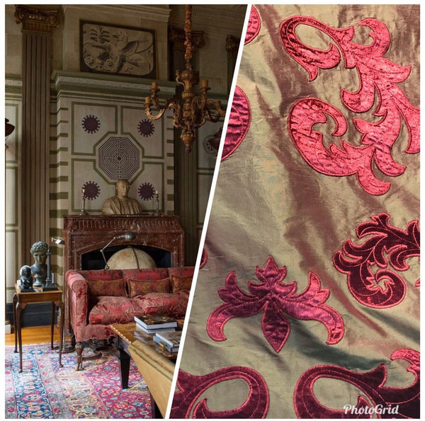 NEW Made In Belgium Designer 100% Silk Taffeta Cut Velvet Fabric- Red - Fancy Styles Fabric Boutique