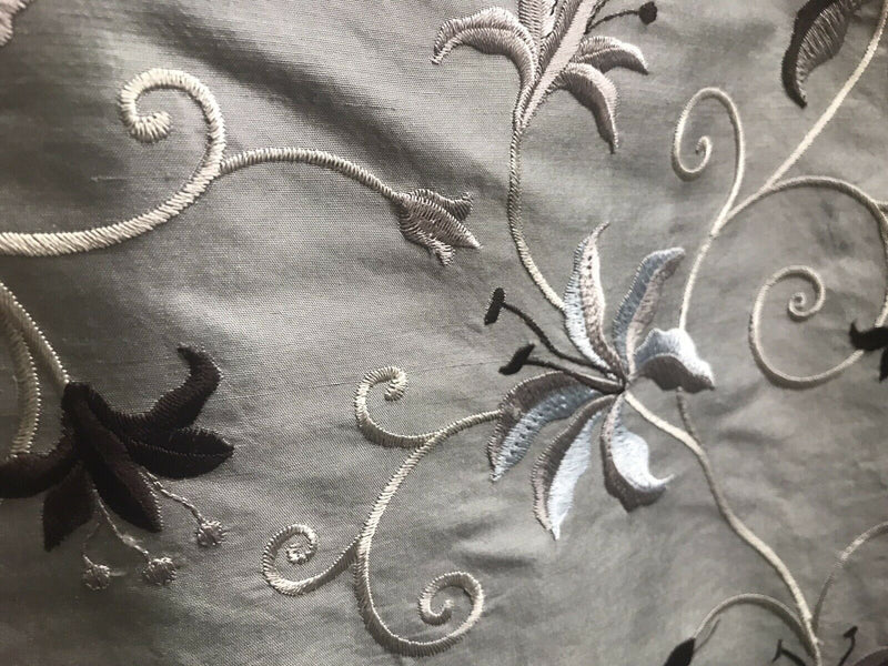 NEW! 100% Silk Embroidered Dupioni Taffeta Fabric - Floral Silver Gray  Floral