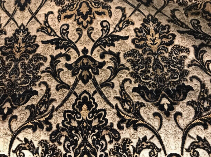 King Christopher Designer Velvet Chenille Burnout Damask Brocade Fabric - Black Beige Gold BTY - Fancy Styles Fabric Pierre Frey Lee Jofa Brunschwig & Fils