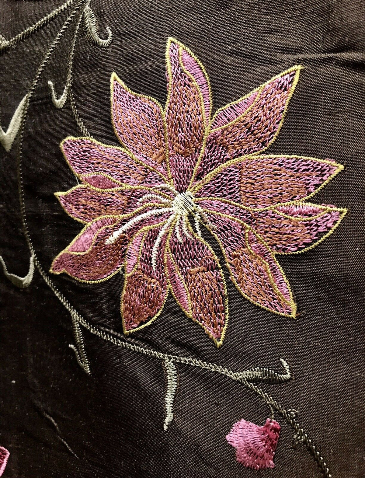 NEW! Queen Theodora 100% Silk Taffeta Embroidered Floral Motif Fabric Brown Pink Blue 55” wide - Fancy Styles Fabric Pierre Frey Lee Jofa Brunschwig & Fils