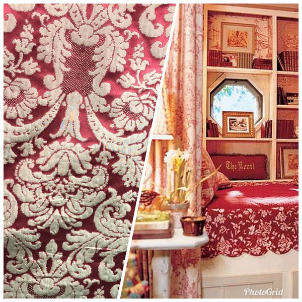 SWATCH- 100% Silk Taffeta Damask Interior Design Fabric - Rouge Red - Fancy Styles Fabric Boutique