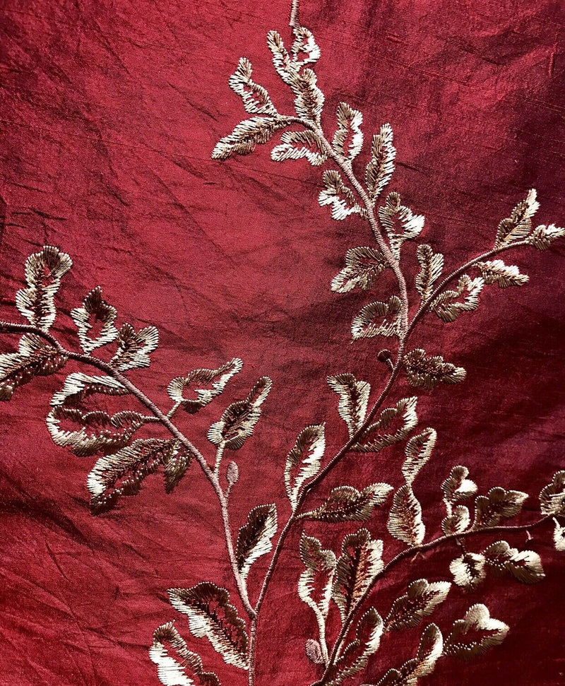 SWATCH Princess Esme Designer 100% Silk Dupioni Embroidered Fabric - Red  Floral