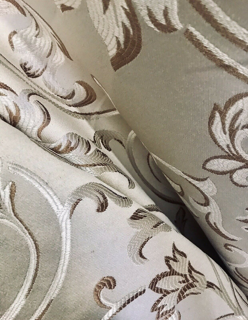 NEW Brocade Satin Fabric- Cream & Taupe- Floral Leaves Upholstery Neoclassical - Fancy Styles Fabric Pierre Frey Lee Jofa Brunschwig & Fils