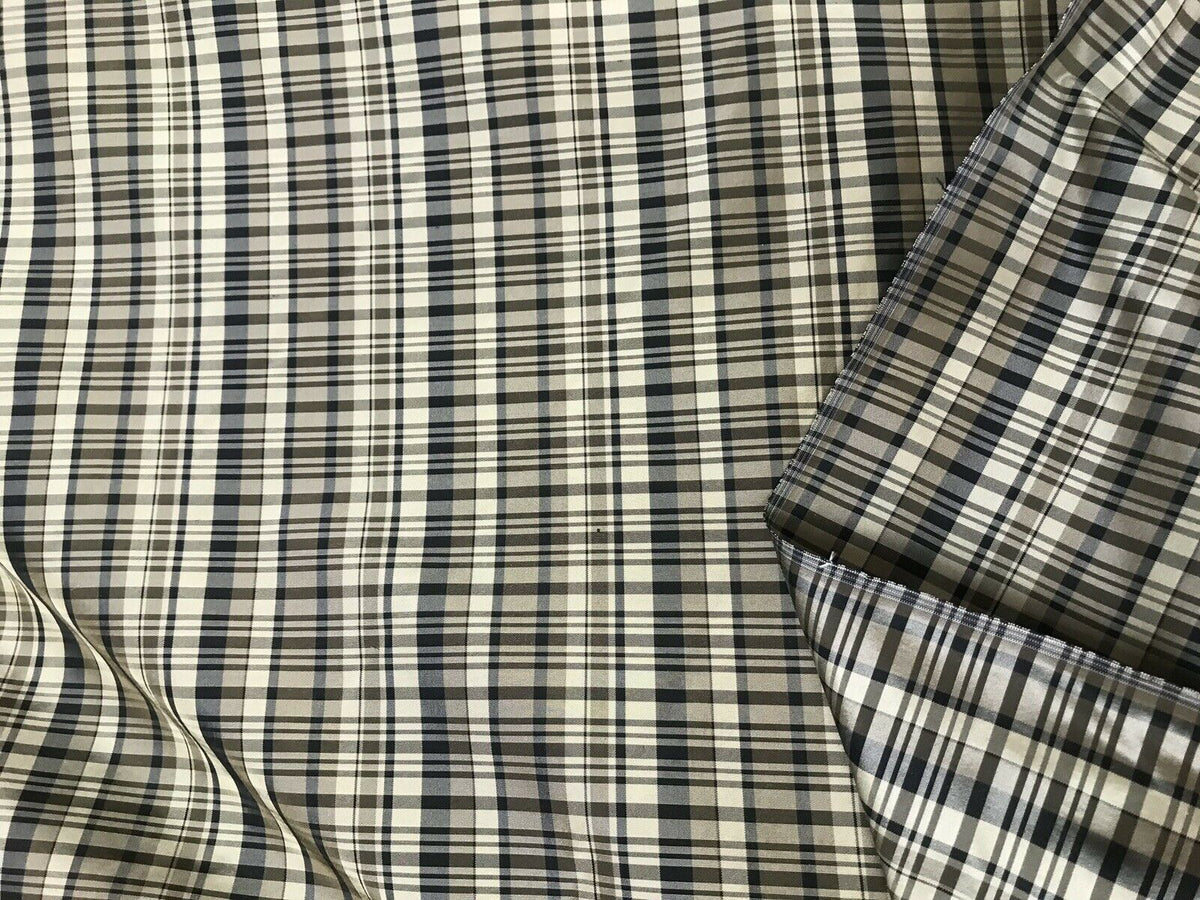 NEW Designer 100% Silk Taffeta Plaid Tartan Fabric- Black Taupe Cream - Fancy Styles Fabric Pierre Frey Lee Jofa Brunschwig & Fils