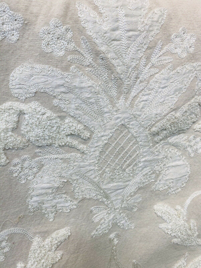 NEW! Lady Nora Novelty 100% Silk Fabric With Crewel Floral Embroidery- Ecru & White - Fancy Styles Fabric Pierre Frey Lee Jofa Brunschwig & Fils