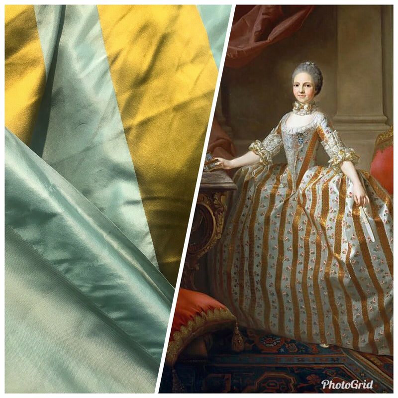 NEW Duchess Zoey Designer 100% Silk Taffeta Dupioni Stripes Fabric - Light Teal & Gold BTY - Fancy Styles Fabric Pierre Frey Lee Jofa Brunschwig & Fils