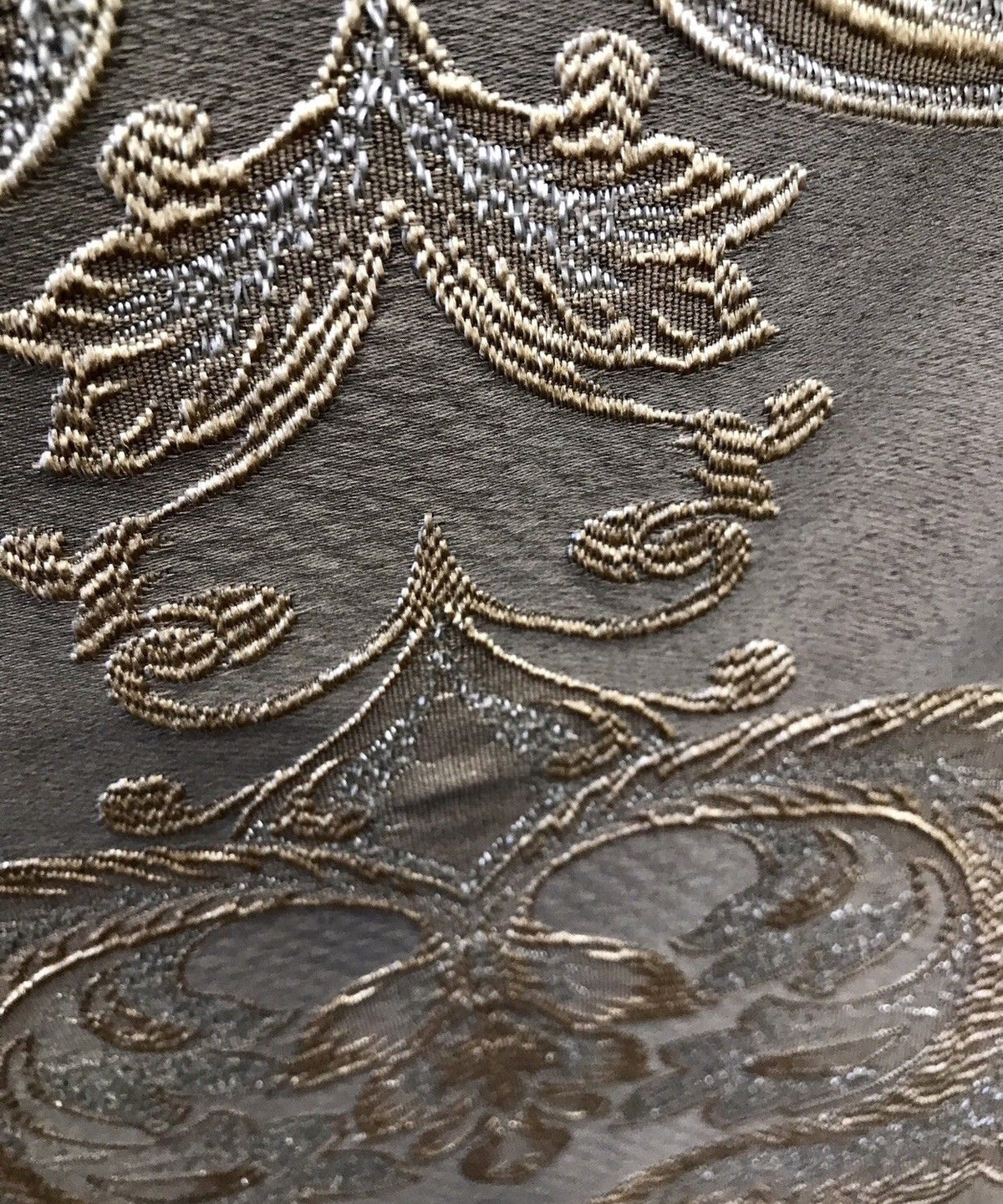 SWATCH 8” x 8” Sample- Designer Brocade Satin Fabric- Gray Silver Gold - Damask - Fancy Styles Fabric Pierre Frey Lee Jofa Brunschwig & Fils