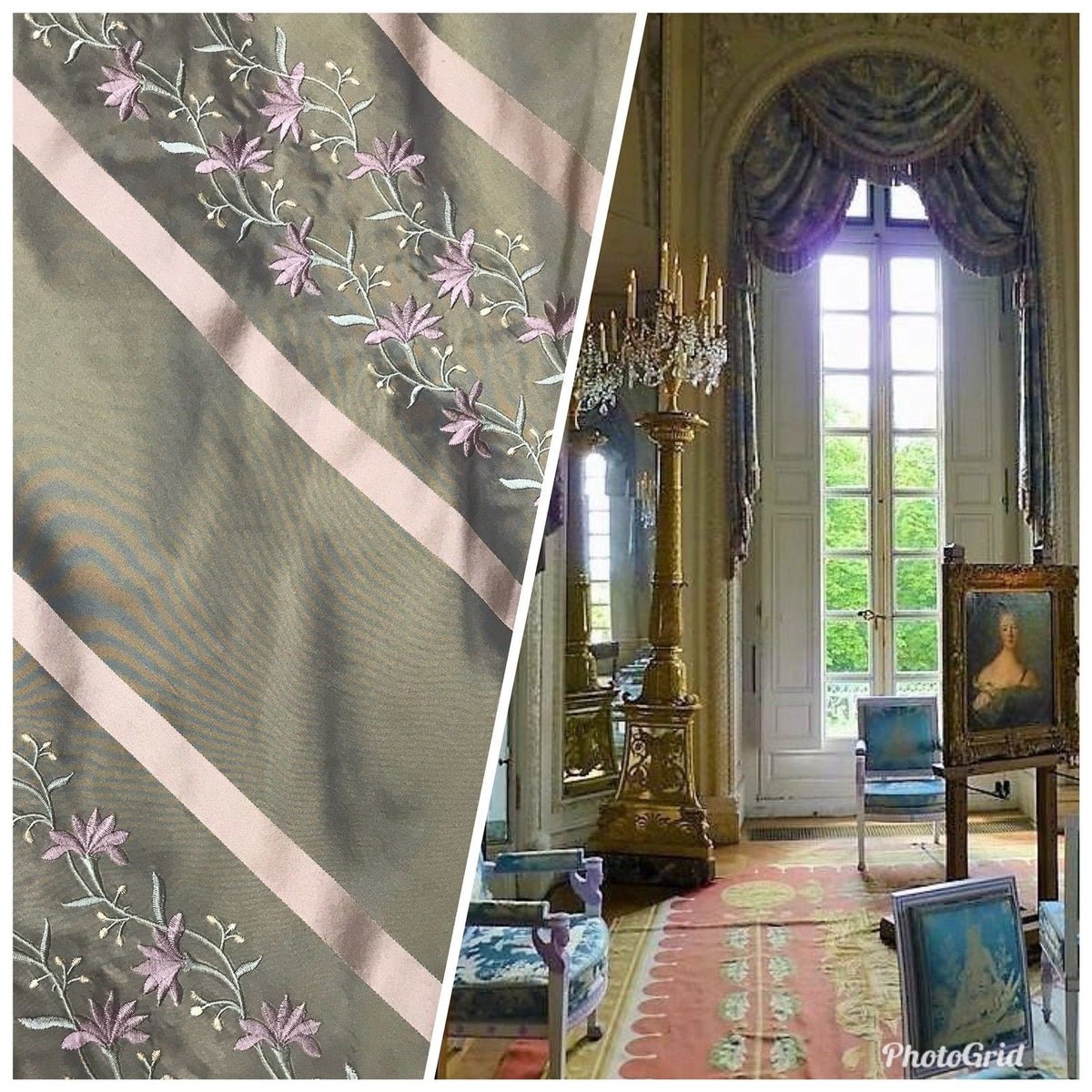 NEW! SALE! 100% Silk Taffeta Embroidered Fabric- Green With Lavender Floral - Fancy Styles Fabric Boutique