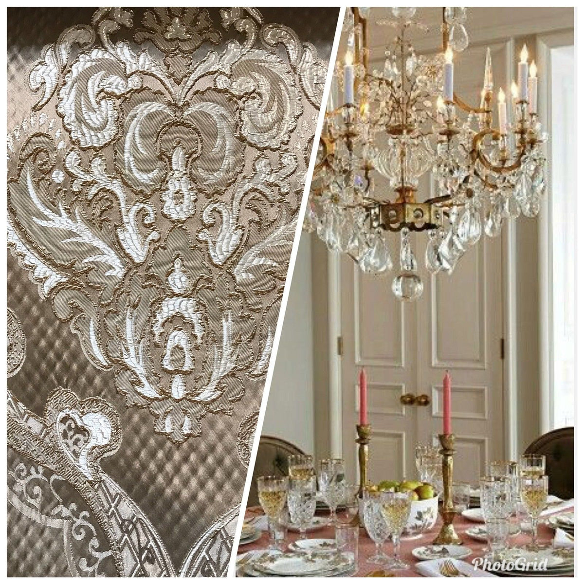 NEW! Designer Brocade Satin Fabric Interior Design- Taupe Damask- Upholstery - Fancy Styles Fabric Pierre Frey Lee Jofa Brunschwig & Fils