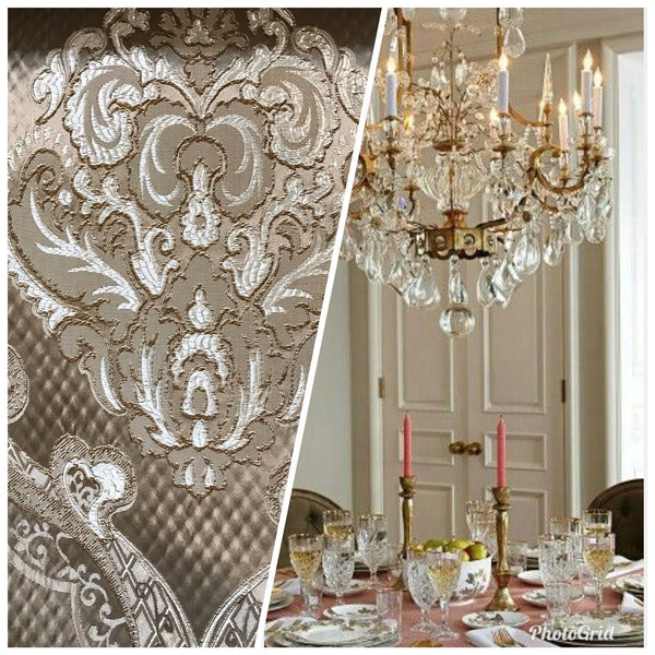 NEW! Designer Brocade Satin Fabric Interior Design- Taupe Damask- Upholstery - Fancy Styles Fabric Pierre Frey Lee Jofa Brunschwig & Fils