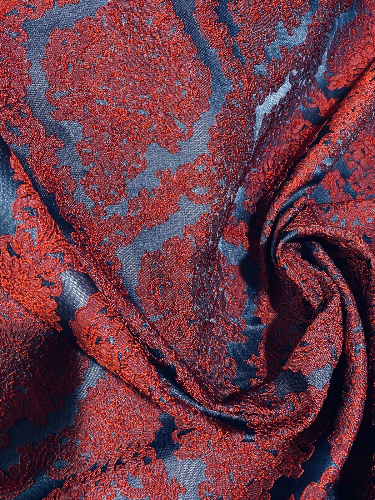 NEW Princess Giselle Designer Damask Satin Drapery Upholstery Fabric - Electric Red & Navy Blue - Fancy Styles Fabric Pierre Frey Lee Jofa Brunschwig & Fils