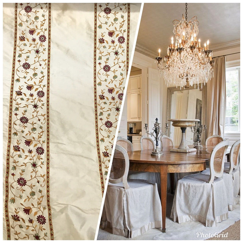 Designer 100% Silk Taffeta Embroidery Fabric - Antique Light Beige Floral - Fancy Styles Fabric Pierre Frey Lee Jofa