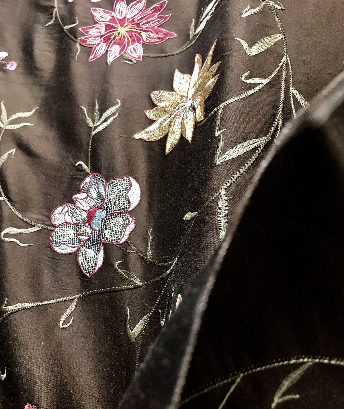 NEW! Queen Theodora 100% Silk Taffeta Embroidered Floral Motif Fabric Brown Pink Blue 55” wide - Fancy Styles Fabric Pierre Frey Lee Jofa Brunschwig & Fils