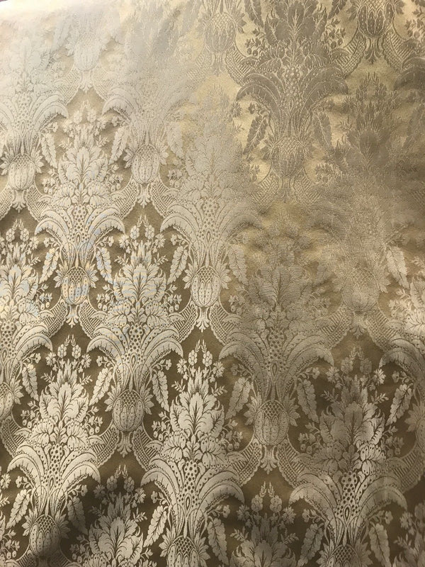 NEW! SALE! Designer Damask Satin Fabric- Antique Gold Beige - Upholstery Brocade - Fancy Styles Fabric Boutique