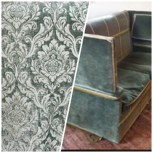 Queen Isabella Designer Damask Burnout Chenille Velvet Fabric -Green Grey BTY - Fancy Styles Fabric Pierre Frey Lee Jofa Brunschwig & Fils