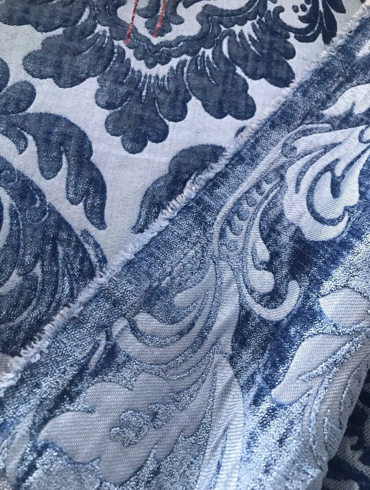 Queen Isabella Designer Damask Burnout Chenille Velvet Fabric - Jewel Blue BTY - Fancy Styles Fabric Pierre Frey Lee Jofa Brunschwig & Fils