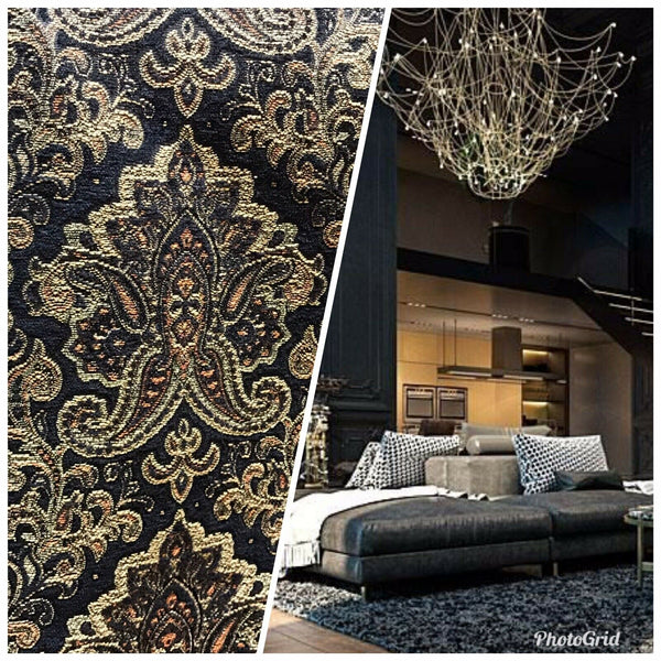SALE! Lord Logan Designer Velvet Chenille Burnout Damask Brocade Fabric - Black Gold BTY - Fancy Styles Fabric Pierre Frey Lee Jofa Brunschwig & Fils