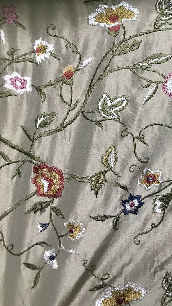 NEW! Lady Melody Designer 100% Silk Dupioni Embroidery Floral Fabric- Taupe - Fancy Styles Fabric Pierre Frey Lee Jofa Brunschwig & Fils