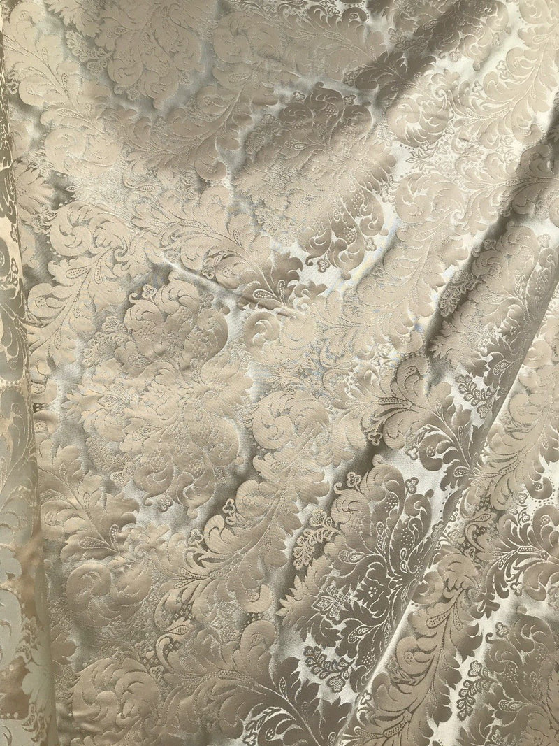 SALE! 100% Silk Taffeta Jacquard Drapery Damask Fabric - Beige & Silver Sea Foam - Fancy Styles Fabric Boutique