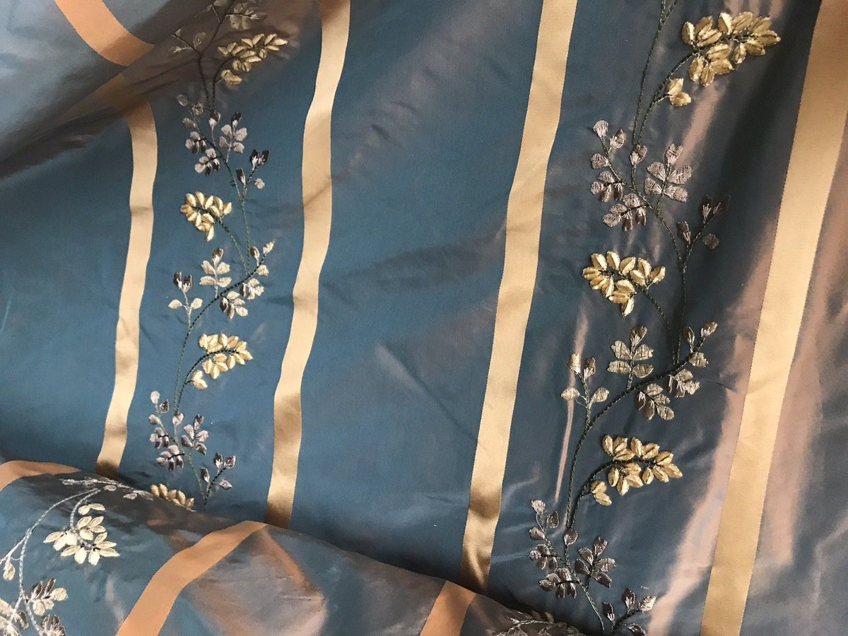 SALE! Designer 100% Silk Taffeta Embroidery Fabric Teal & Peach Iridescent - Fancy Styles Fabric Boutique