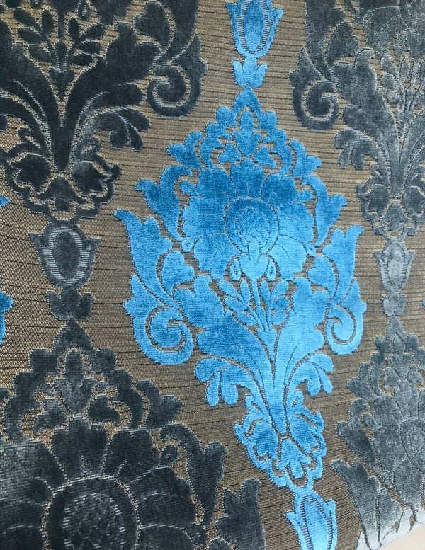Prince John Novelty Italian Burnout Upholstery Chenille Velvet Fabric- Blue Gold - Fancy Styles Fabric Pierre Frey Lee Jofa Brunschwig & Fils