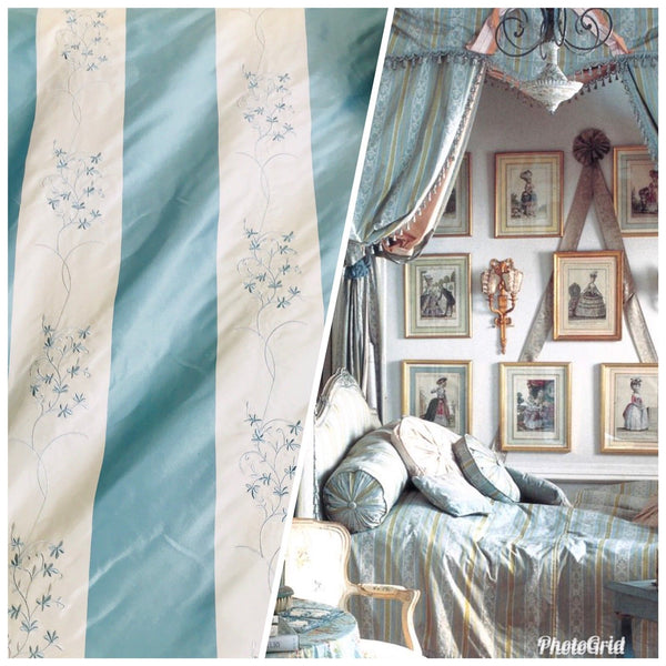 NEW! 100% Silk Taffeta Drapery Fabric Floral Embroidery Blue White Stripe - Fancy Styles Fabric Boutique