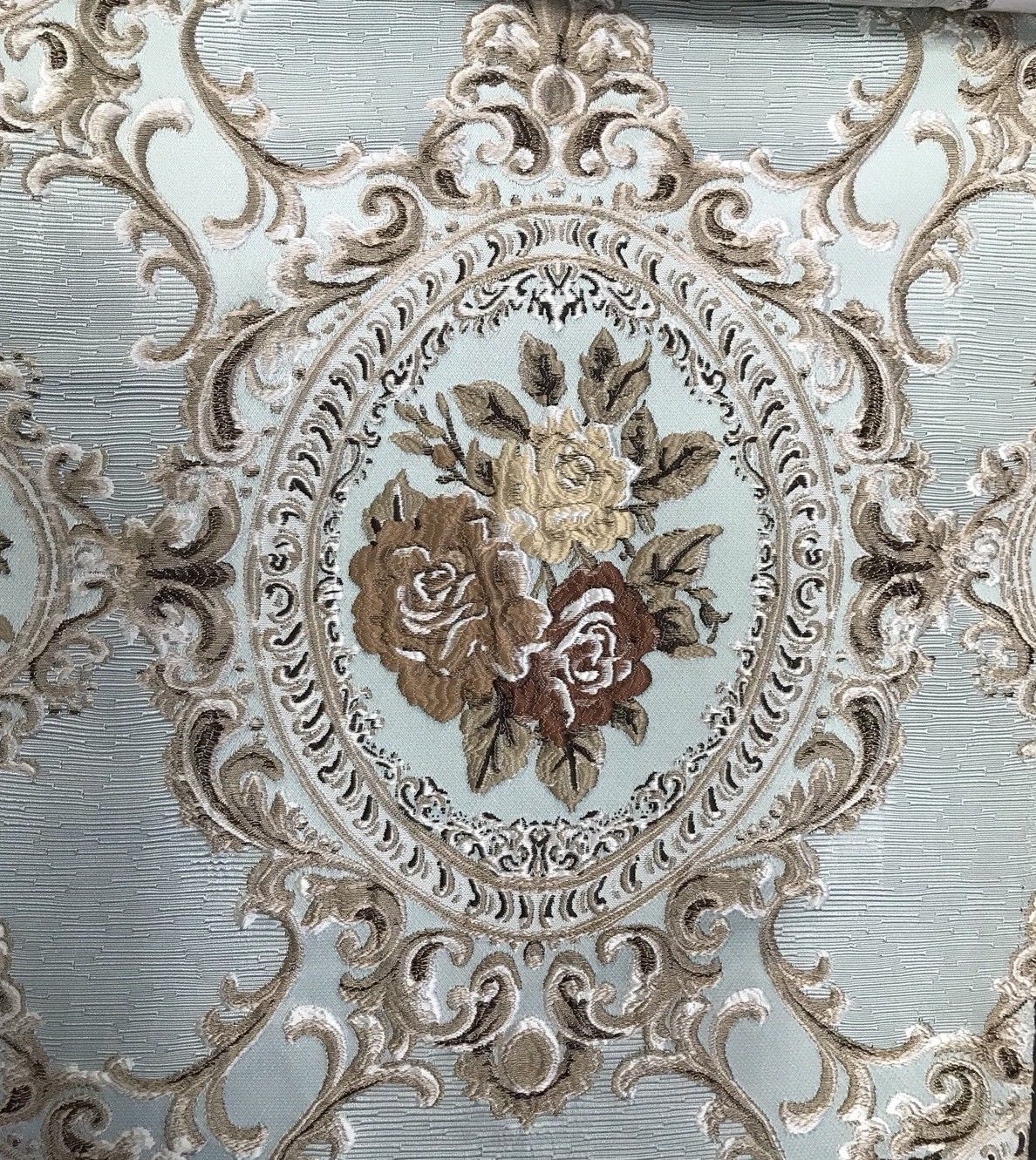 SWATCH Designer Brocade Satin Fabric- Antique Blue Taupe Roses Upholstery Damask - Fancy Styles Fabric Boutique