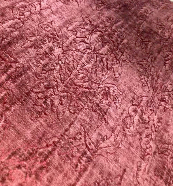 SALE! Designer Velvet Chenille Burnout Fabric - Antique Raspberry Red - Fancy Styles Fabric Boutique