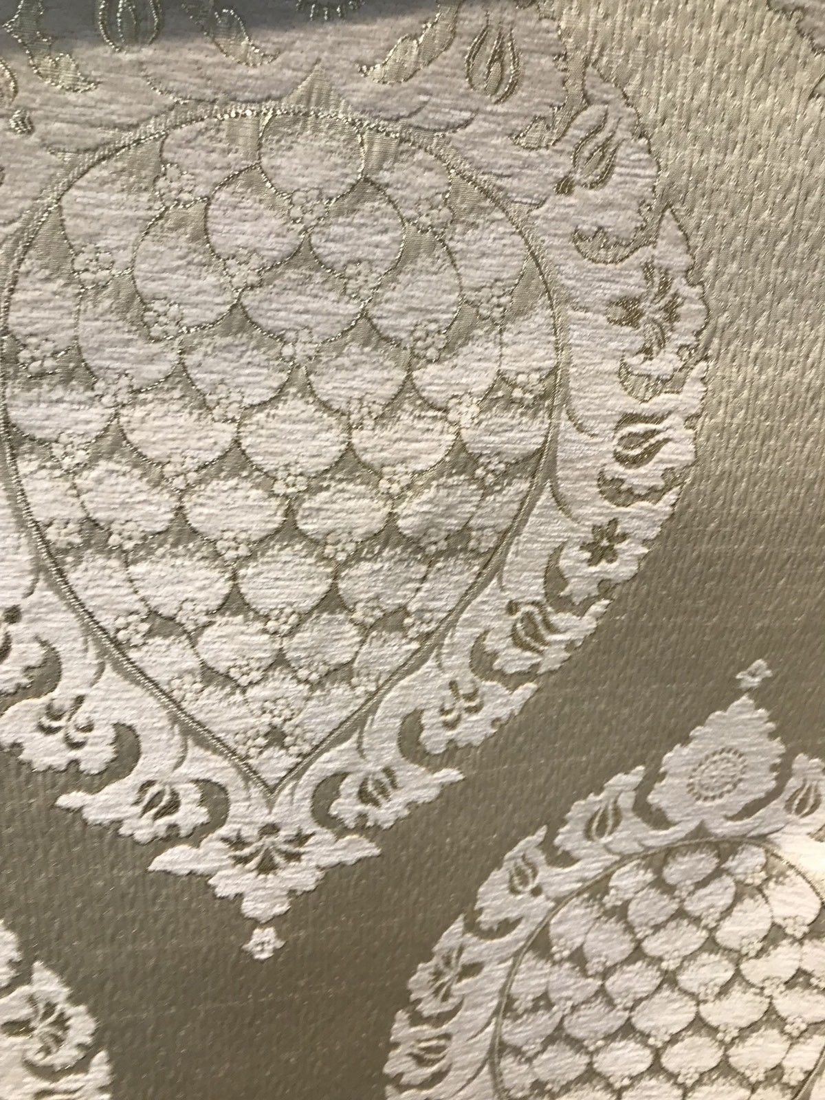SWATCH Brocade Satin Fabric- Antique Cream And Gold Damask Decorating - Fancy Styles Fabric Pierre Frey Lee Jofa Brunschwig & Fils