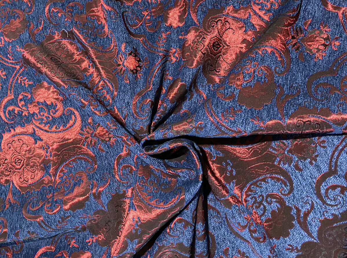 NEW Lady Emile Designer Damask Burnout Chenille Velvet Fabric - Blue & Metallic Red BTY - Fancy Styles Fabric Pierre Frey Lee Jofa Brunschwig & Fils