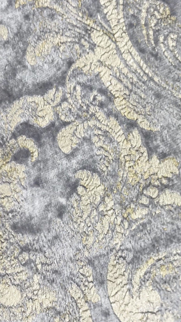 NEW! Burnout Antique Inspired Velvet Fabric Silver Lavender-Gray And Gold - Fancy Styles Fabric Pierre Frey Lee Jofa Brunschwig & Fils