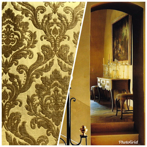 Queen Isabella Designer Satin Burnout Chenille Velvet Fabric- Upholstery Damask - Mustard - Fancy Styles Fabric Pierre Frey Lee Jofa Brunschwig & Fils