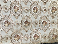 SWATCH Designer Brocade Satin Fabric- Antique Blue Taupe Roses Upholstery Damask - Fancy Styles Fabric Boutique