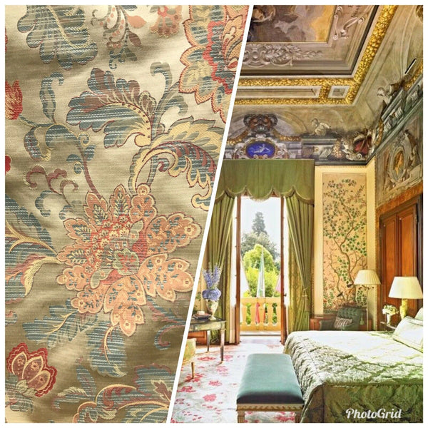 Back In Stock!!! Brocade Satin Floral Drapery Fabric- Antique Gold And Pink BTY - Fancy Styles Fabric Pierre Frey Lee Jofa Brunschwig & Fils