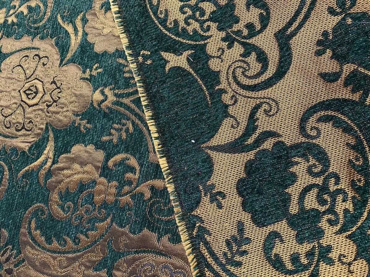 NEW Lady Emile Designer Damask Burnout Chenille Velvet Fabric - Green & Metallic Gold BTY - Fancy Styles Fabric Pierre Frey Lee Jofa Brunschwig & Fils