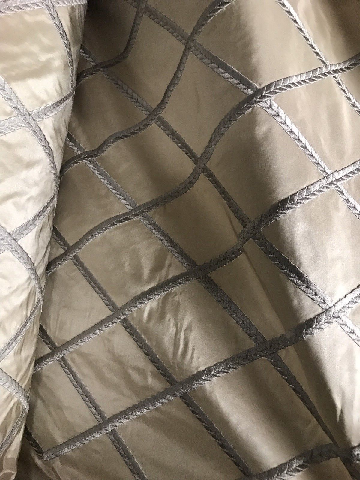 NEW! SALE! 100% Silk Taffeta Embroidered Rope Motif Fabric - Beige & Gray - Fancy Styles Fabric Pierre Frey Lee Jofa Brunschwig & Fils