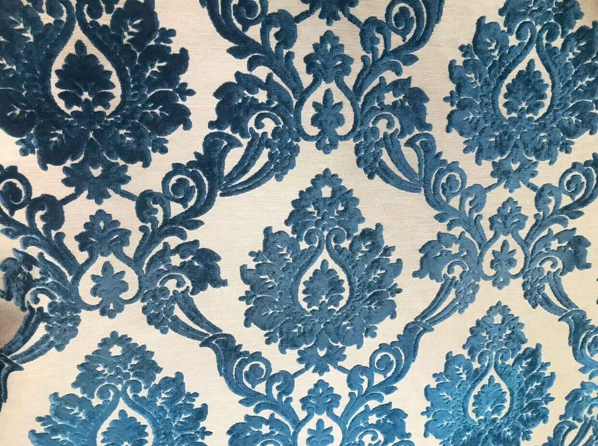 Duke Raphael Designer Damask Burnout Chenille Velvet Fabric - Dark Turquoise Blue- Upholstery - Fancy Styles Fabric Pierre Frey Lee Jofa Brunschwig & Fils
