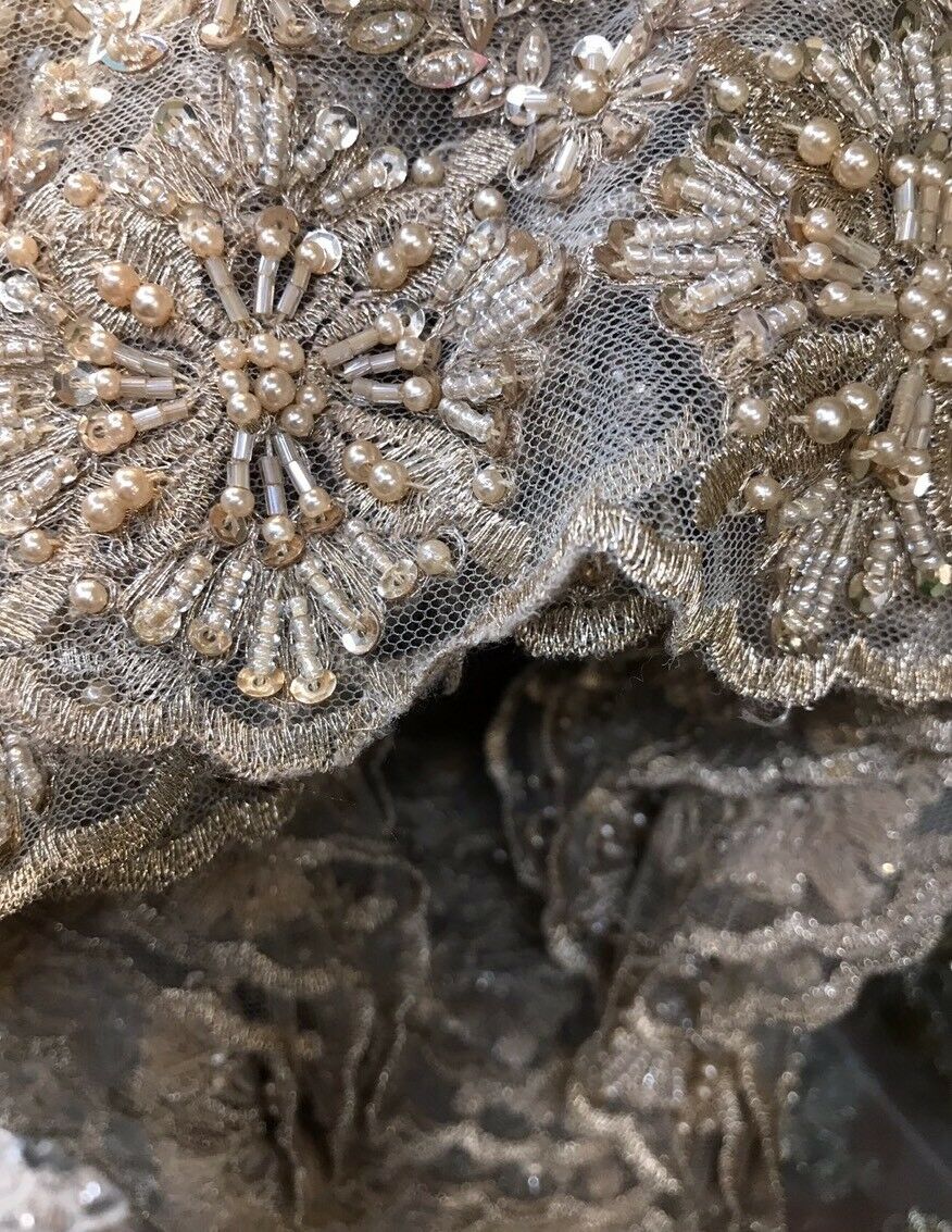 Beaded Pearl Scalloped Edges Wedding Lace Mesh Gold Silver Fabric - Fancy Styles Fabric Pierre Frey Lee Jofa Brunschwig & Fils